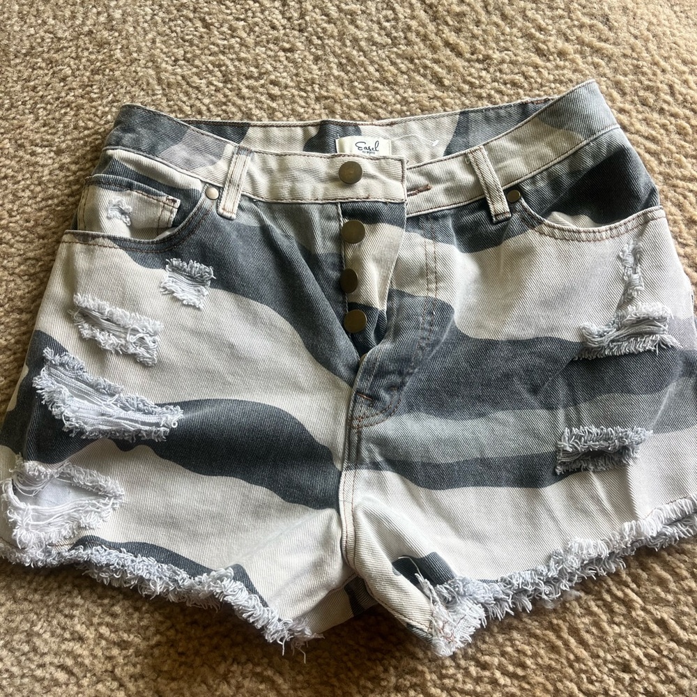 Easel Camo Gray and White Jean Shorts Distressed Vintage Style